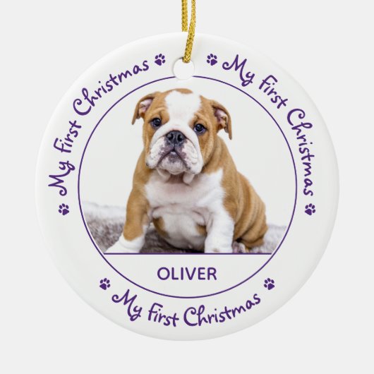 私の初めてのクリスマスかわいい犬の紫の子犬ペットの写真 セラミックオーナメント (正面)
