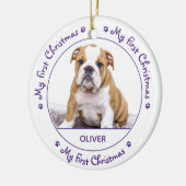 私の初めてのクリスマスかわいい犬の紫の子犬ペットの写真 セラミックオーナメント (左)