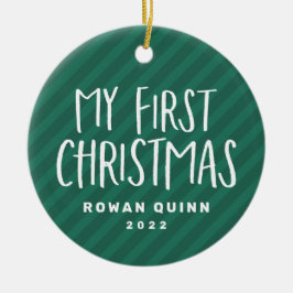 私の初めてのクリスマスかわいい緑のストライプのベビー写真 セラミックオーナメント