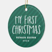 私の初めてのクリスマスかわいい緑のストライプのベビー写真 セラミックオーナメント (左)
