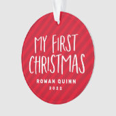 私の初めてのクリスマスかわいい赤ストライプのベビー写真 オーナメント (正面)