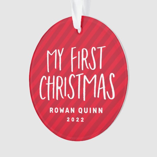私の初めてのクリスマスかわいい赤ストライプのベビー写真 オーナメント (正面)