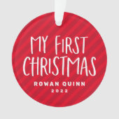 私の初めてのクリスマスかわいい赤ストライプのベビー写真 オーナメント (正面)