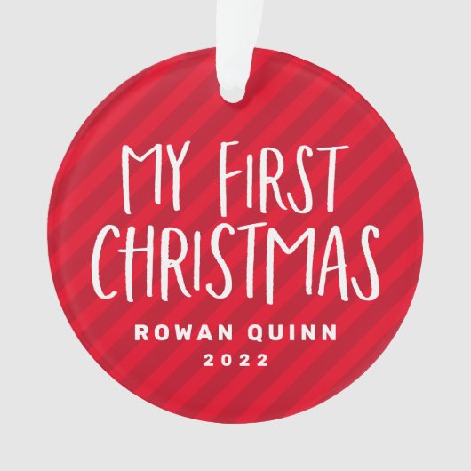 私の初めてのクリスマスかわいい赤ストライプのベビー写真 オーナメント (正面)