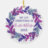 私の初めてのクリスマスとして叔母の年パープルリース セラミックオーナメント (裏面)