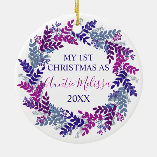 私の初めてのクリスマスとして叔母の年パープルリース セラミックオーナメント (裏面)