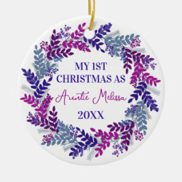私の初めてのクリスマスとして叔母の年パープルリース セラミックオーナメント