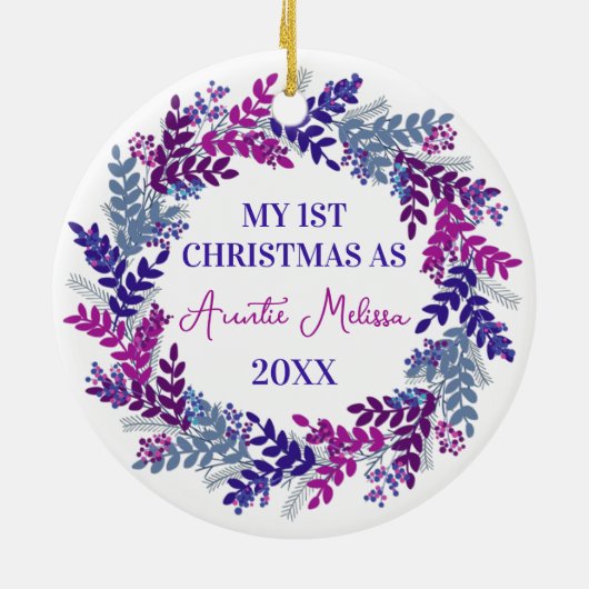 私の初めてのクリスマスとして叔母の年パープルリース セラミックオーナメント (裏面)