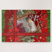 私の初めてのクリスマスと赤い弓金ゴールドフォトフレーム ジグソーパズル (横)