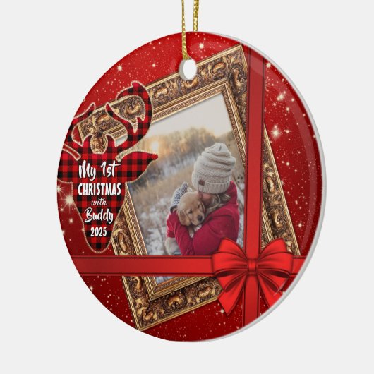 私の初めてのクリスマスと金ゴールドフレーム赤い弓の写真 セラミックオーナメント (左)