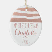 私の初めてのクリスマスのばら色の金ゴールドのhandrawnは縞で飾ります セラミックオーナメント (右)