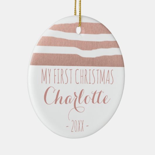 私の初めてのクリスマスのばら色の金ゴールドのhandrawnは縞で飾ります セラミックオーナメント (右)