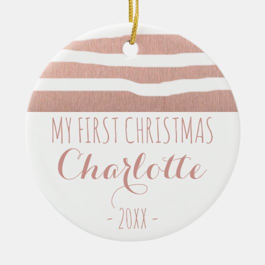 私の初めてのクリスマスのばら色の金ゴールドのhandrawnは縞で飾ります セラミックオーナメント (正面)