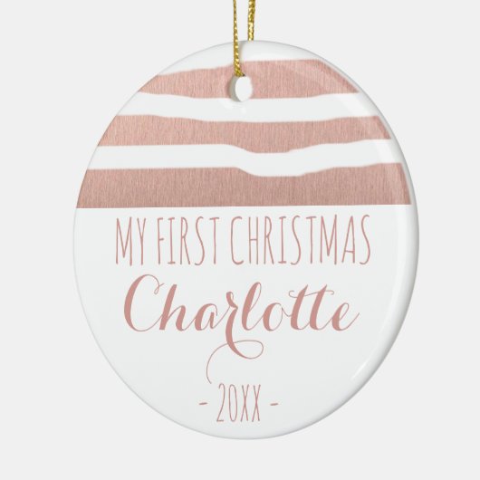 私の初めてのクリスマスのばら色の金ゴールドのhandrawnは縞で飾ります セラミックオーナメント (左)