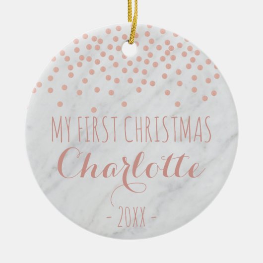 私の初めてのクリスマスのばら色の金ゴールドは|の紙吹雪に大理石模様をつけ、 セラミックオーナメント (正面)