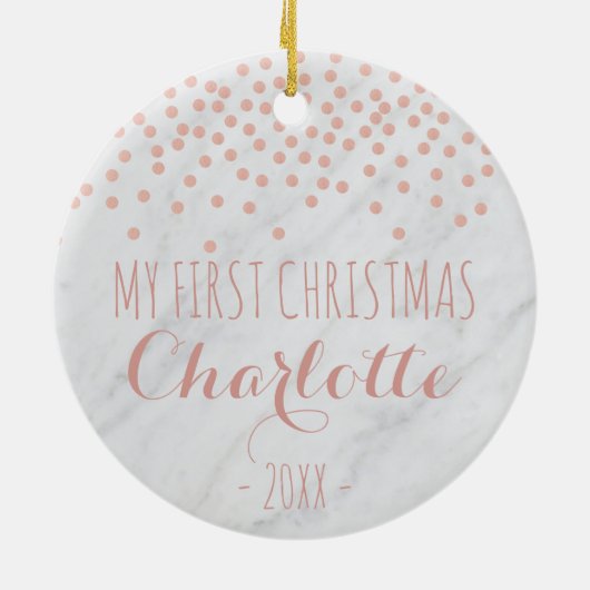 私の初めてのクリスマスのばら色の金ゴールドは|の紙吹雪に大理石模様をつけ、 セラミックオーナメント (裏面)