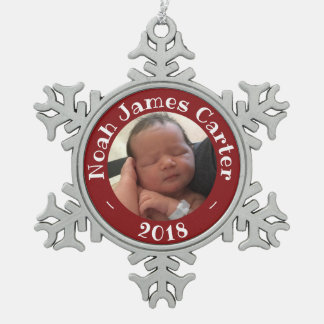 私の初めてのクリスマスのカスタムな写真の記念品2018年 スノーフレークピューターオーナメント