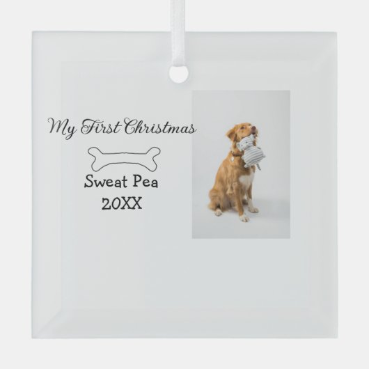 私の初めてのクリスマスのペット動物の写真の名前 年 骨 ガラスオーナメント (正面)