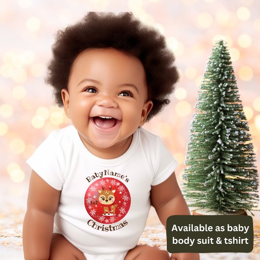 私の初めてのクリスマスの名前かわいいトナカイ赤 ベビーボディスーツ