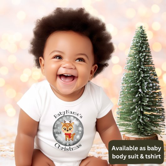 私の初めてのクリスマスの名前かわいいトナカイ銀 ベビーボディスーツ