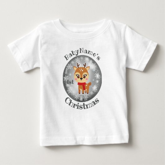 私の初めてのクリスマスの名前かわいいトナカイ銀 ベビーTシャツ (正面)