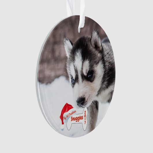 私の初めてのクリスマスの子犬の写真の名前の犬用の骨の後をつけて下さい オーナメント (正面)