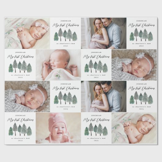私の初めてのクリスマスはパパ写真コラージュ松の木 ラッピングペーパー (フラット)