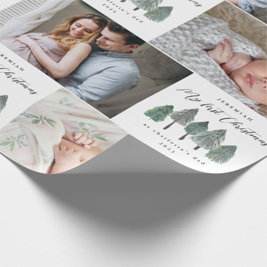 私の初めてのクリスマスはパパ写真コラージュ松の木 ラッピングペーパー (角)