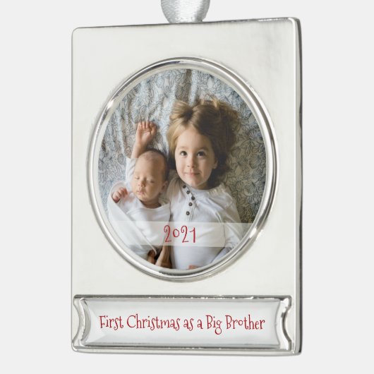 私の初めてのクリスマスはビッグブラザー写真/年 シルバープレートバナーオーナメント (左)