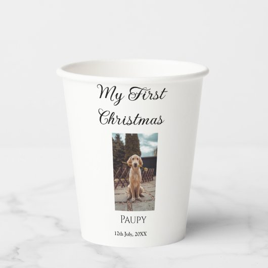 私の初めてのクリスマスはペット名を追加した犬の猫の年の写真 紙コップ (正面)