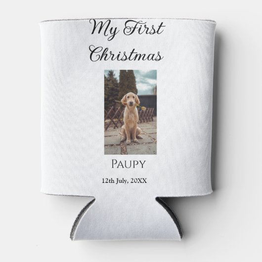 私の初めてのクリスマスはペット名を追加した犬の猫の年の写真 缶クーラー (正面)