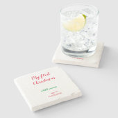 私の初めてのクリスマスは愛で名前の姓を追加 ストーンコースター (横)