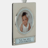 私の初めてのクリスマスカスタム写真の名前かわいい青 シルバープレートバナーオーナメント (右)