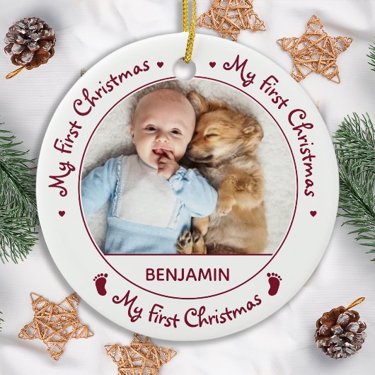 私の初めてのクリスマスシンプルかわいいベビー写真 セラミックオーナメント