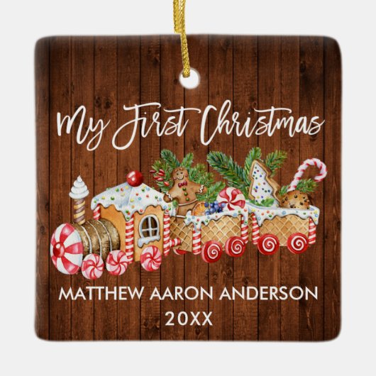 私の初めてのクリスマスジンジャーブレッドトレインキャンディベビー セラミックオーナメント (正面)