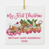 私の初めてのクリスマスジンジャーブレッドトレインベビーピンク セラミックオーナメント (裏面)