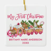 私の初めてのクリスマスジンジャーブレッドトレインベビーピンク セラミックオーナメント (正面)