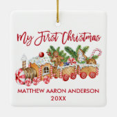 私の初めてのクリスマスジンジャーブレッドトレインベビー赤 セラミックオーナメント (裏面)