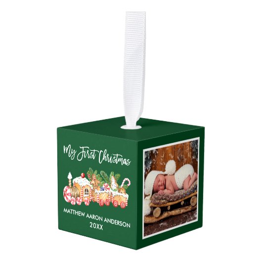 私の初めてのクリスマスジンジャーブレッド列車の緑の写真 キューブオーナメント (正面アングル)