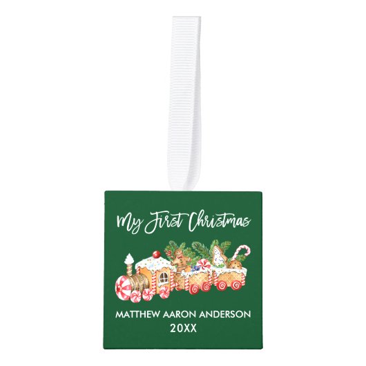 私の初めてのクリスマスジンジャーブレッド列車の緑の写真 キューブオーナメント (正面)