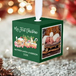 私の初めてのクリスマスジンジャーブレッド列車の緑の写真 キューブオーナメント