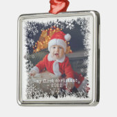 私の初めてのクリスマススノーフレーク写真セラミックオルネーム メタルオーナメント (左)