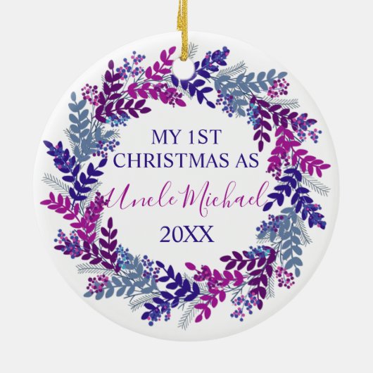 私の初めてのクリスマスズアンクルパープルリース セラミックオーナメント (裏面)