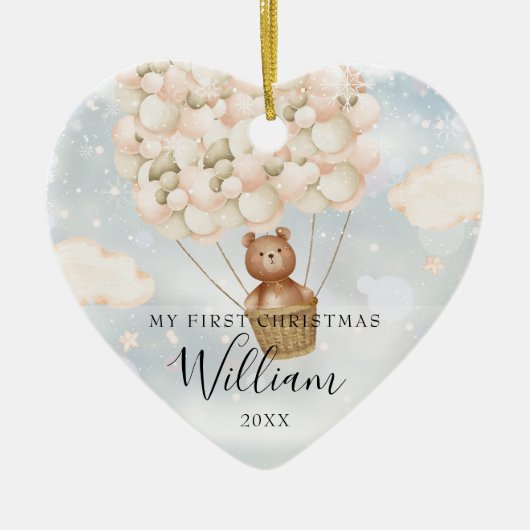 私の初めてのクリスマステディベア金ゴールドバルーン写真 セラミックオーナメント (正面)