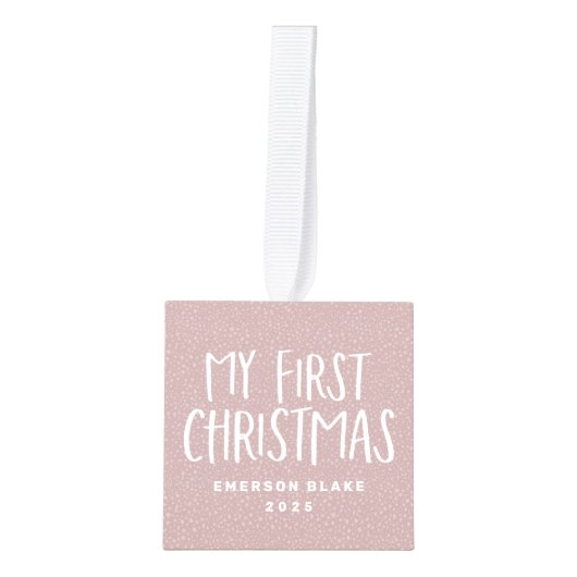 私の初めてのクリスマスピンクのパーソナライズされたベビー写真 キューブオーナメント (正面)