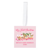 私の初めてのクリスマスピンクジンジャーブレッドの列車写真 キューブオーナメント (正面)