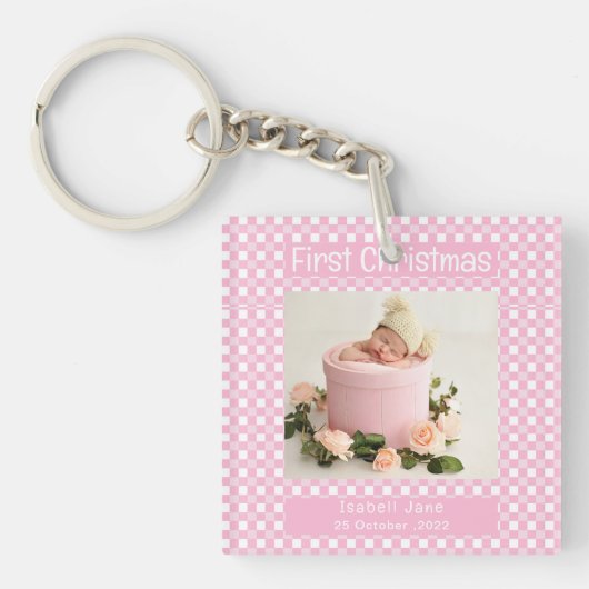 私の初めてのクリスマスピンクバッファロープレイドベビー写真 キーホルダー (正面)