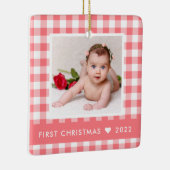 私の初めてのクリスマスピンクバッファロープレイドベビー写真 セラミックオーナメント (右)