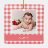 私の初めてのクリスマスピンクバッファロープレイドベビー写真 セラミックオーナメント (裏面)