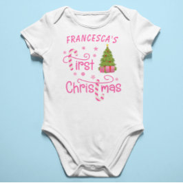 私の初めてのクリスマスプレゼントとクリスマスツリー ピンク ベビーボディスーツ